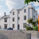 3D rendering of the refubished Brampton Court Hotel building overlaid with orange text block reading 'New Project'.
