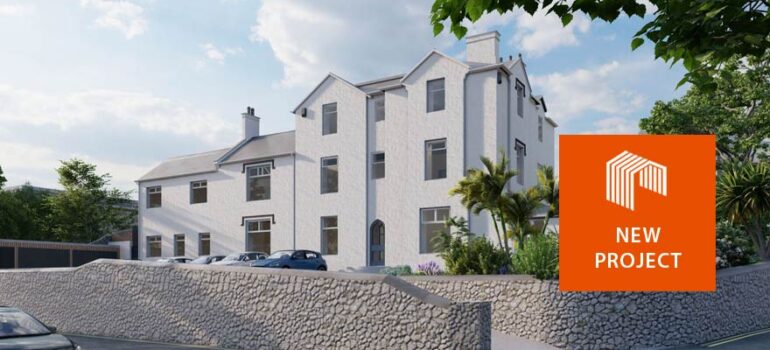 3D rendering of the refubished Brampton Court Hotel building overlaid with orange text block reading 'New Project'.