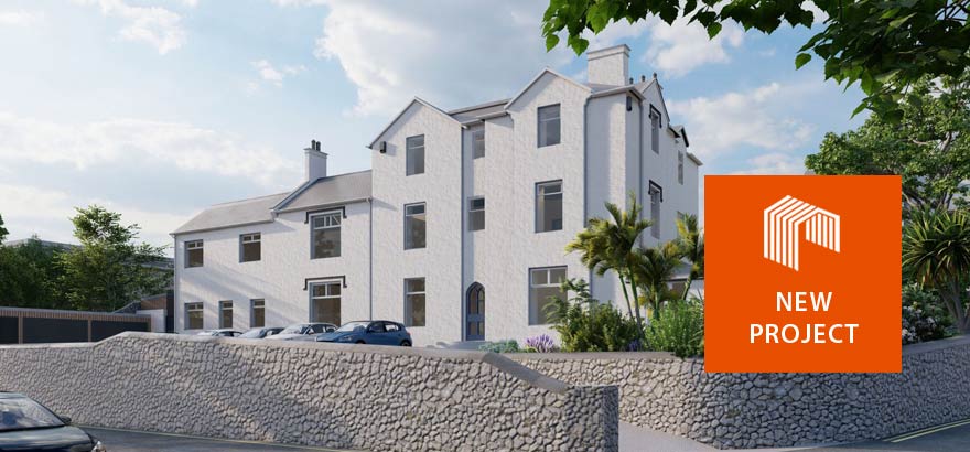 3D rendering of the refubished Brampton Court Hotel building overlaid with orange text block reading 'New Project'.
