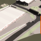 Artists aerial impression of the Church & Dwight steelframe industrial unit. Structural Engineering by RYALL.