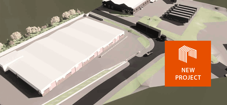 Artists aerial impression of the Church & Dwight steelframe industrial unit. Structural Engineering by RYALL.