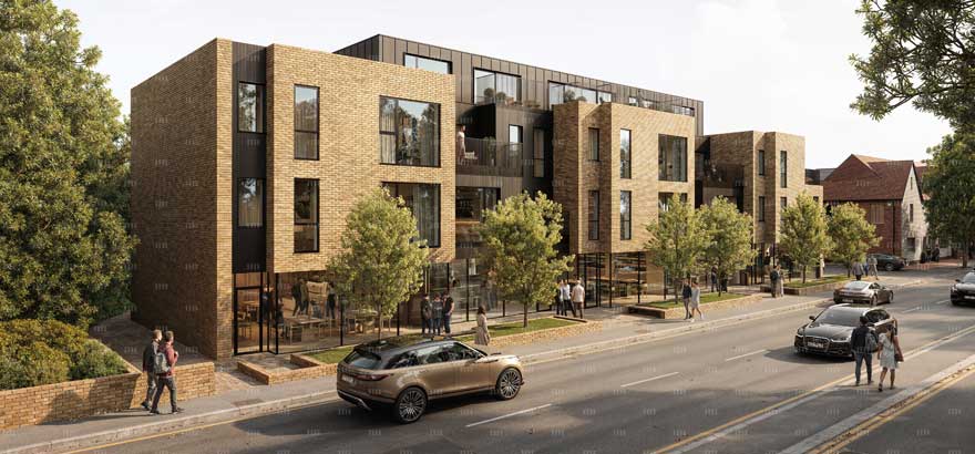 Artists impression of new mixed use development in Station Rd, Oxted, Surrey. Structural engineer: RYALL Structural Engineers