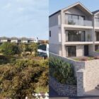 3D render of Roundham Mews town houses with image of the houses under construction alongside it.