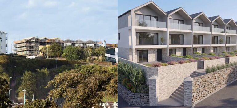 3D render of Roundham Mews town houses with image of the houses under construction alongside it.