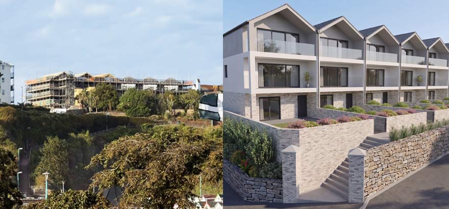 3D render of Roundham Mews town houses with image of the houses under construction alongside it.