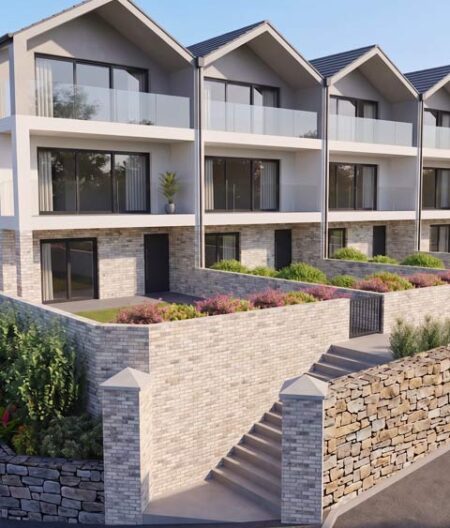 Artists impression of Roundham Mews, Paignton. A row of modern beachfront homes with balconies.