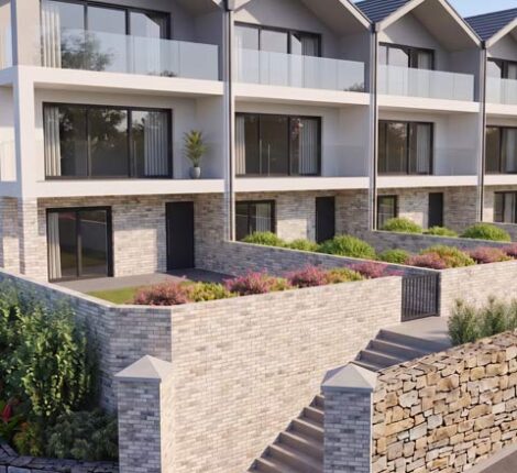 Artists impression of Roundham Mews, Paignton. A row of modern beachfront homes with balconies.