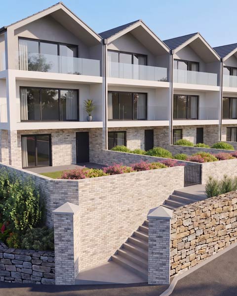 Artists impression of Roundham Mews, Paignton. A row of modern beachfront homes with balconies.
